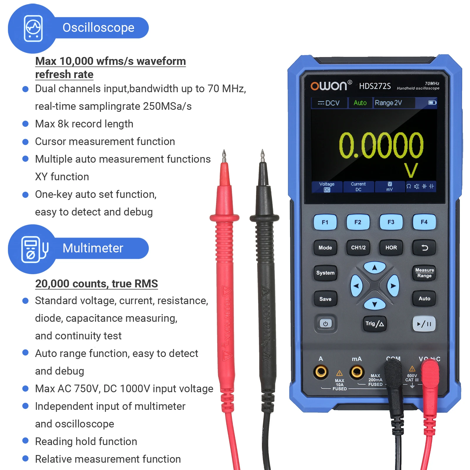 OWON Oscilloscope Multimeter Waveform Generator HDS272S 2CH 70MHz Bandwidth 20000 Counts 3-in-1 Handheld Digital Oscope Meter wi