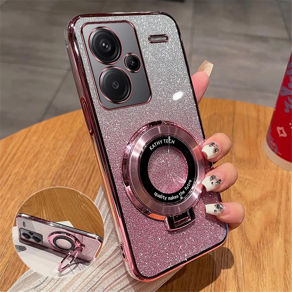 RedmiNote13 Pro Case Luxury With Magnetic Bracket Glitter Cover For Xiaomi Redmi note 13 Pro Plus 4G 5G Soft Silicon Case Holder