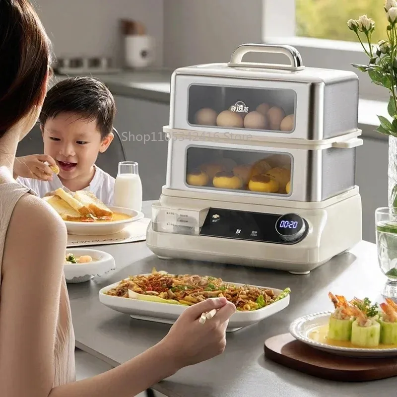 Multi-Functional Household Visual Electric Steamer 7L Large Capacity 3-Layer Stainless Steel Steam Pot for Vegetables Fish Rice