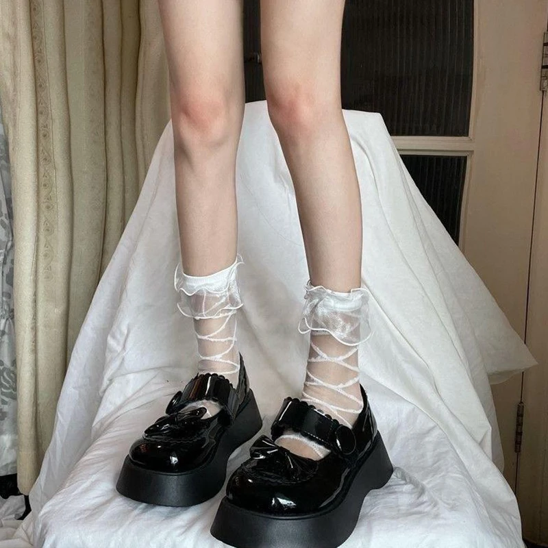 Ladies Girls Thin Sheer Socks Bow Knot Sheer Mesh Socks  Sweet Lolita Style Cross Pattern Casual Socks Sheer Sheer Socks