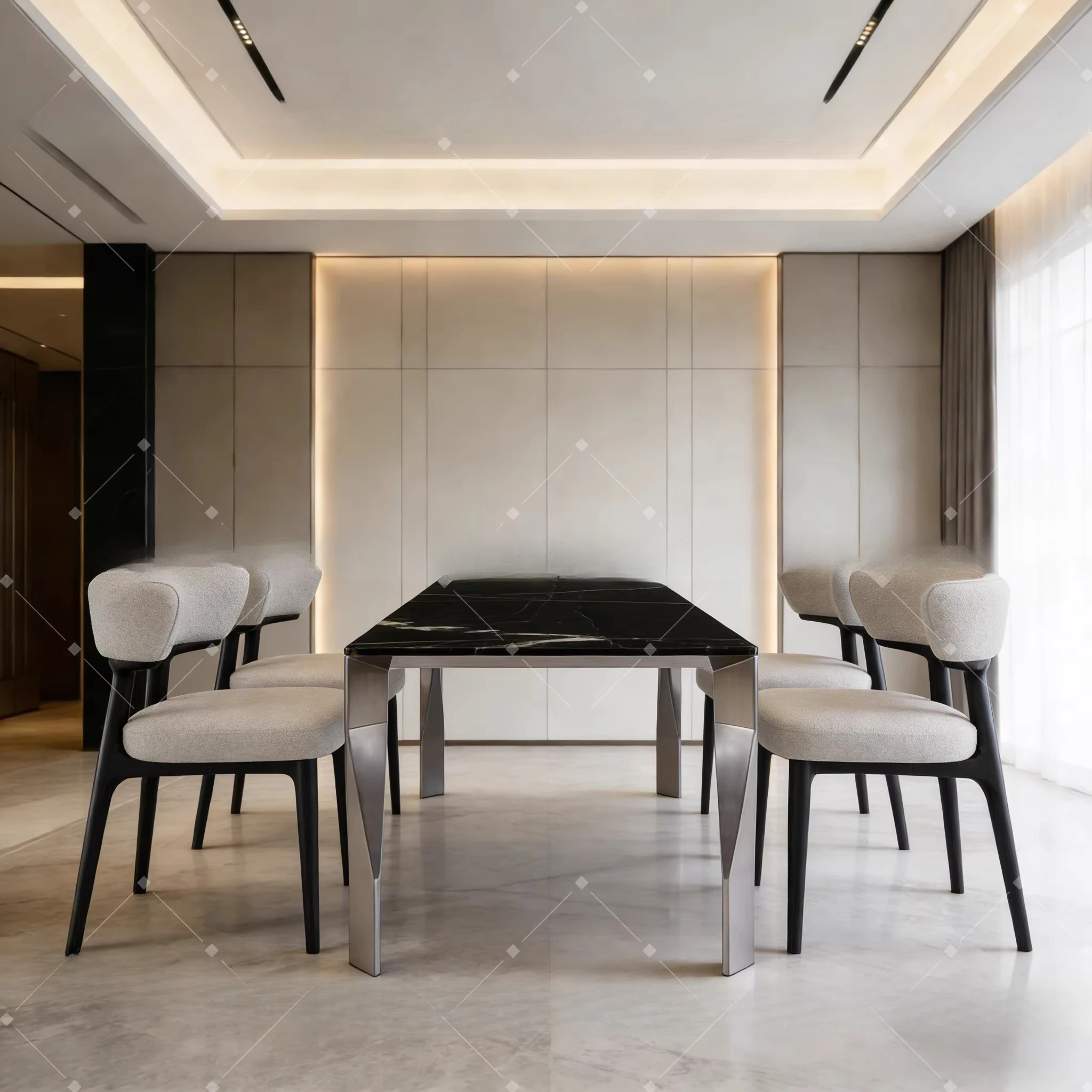Italian light luxury, black gold natural marble long dining table