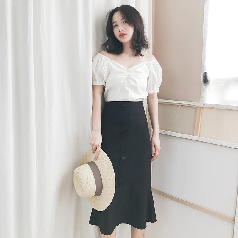 

Женская универсальная хлопковая футболка Ele Tea Break с открытыми плечами, V-образным вырезом, рукавами-фонариками, летняя, белая, в стиле кукольного платья, с круглым вырезом горловины