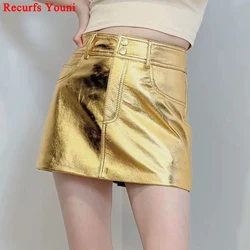 Japanese y2k Fashion Leather Skirts For Women 2023 Ladies Metallic Sliver Golden Slimming Buttocks Mini Saias Grunge Cargo Jupe