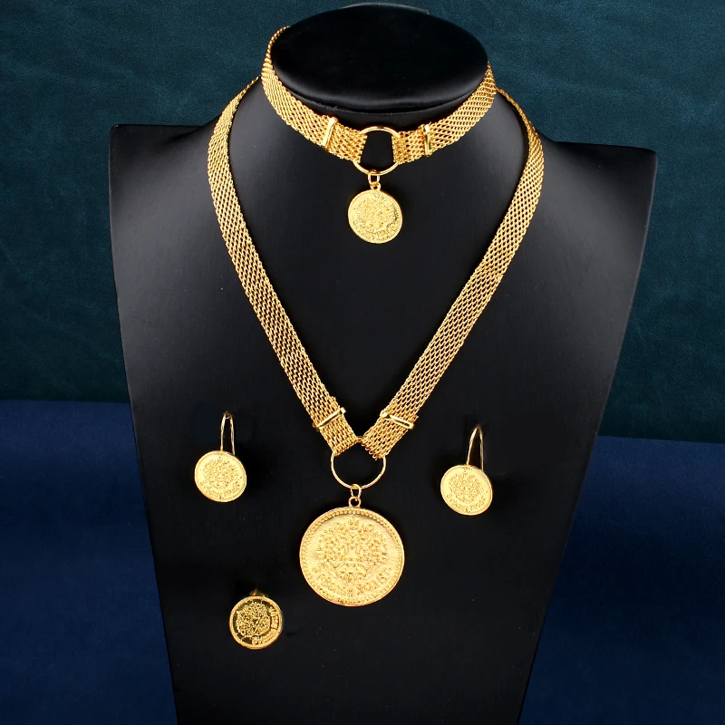 New Coin Necklace Set Gold Plated Copper Coin Jewelry Set for Bridal Ethnic Wedding Jewelry Dubai Gold Jewelry Sets for Women