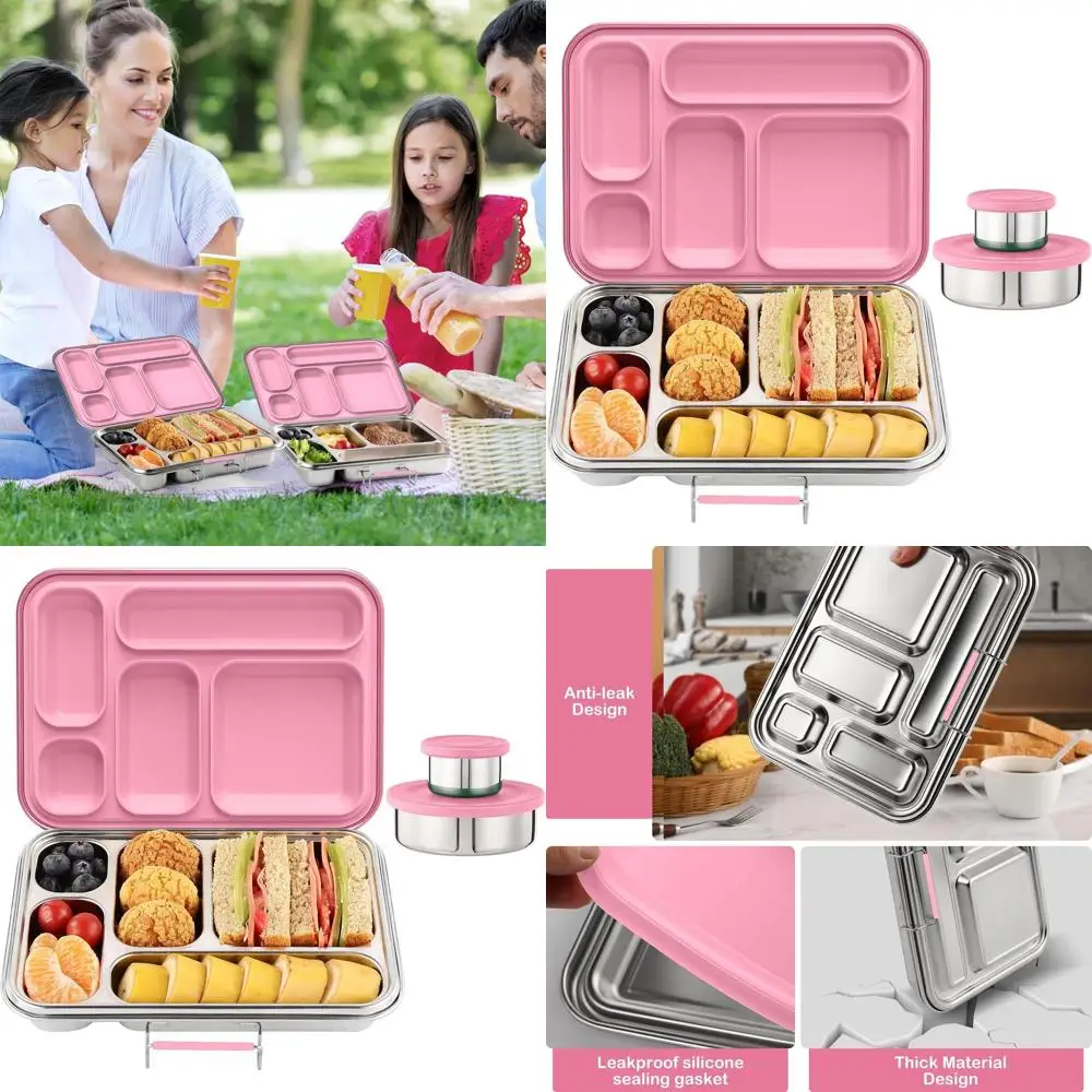 

Pink 5-Compartment Stainless Steel Bento Box with 2 Sauce Containers, BPA-Free, Dishwasher Safe Lunch Container for School and W