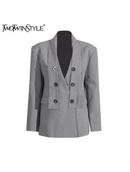 TWOTWINSTYLE Solid Patchwork Pockets Casual Blazer For Women Notched Collar Long Sleeve Spliced Button Chic Coats Female Fashion