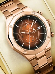 Reloj SAPPHERO de oro rosa para hombre, reloj de cuarzo de acero inoxidable de lujo, reloj de pulsera con calendario luminoso resistente al agua para negocios, regalo