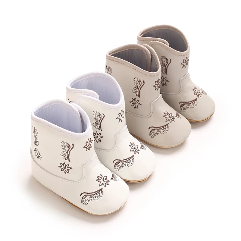Infant Crib First Walker Shoes, Floral Embroidered Baby Girls Western Boots Soft Sole Newborn Footwear 0-18 Months