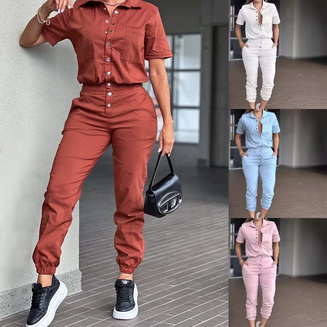 

Women Jumpsuits Y2k Rompers Pocket Turn Down Collar Short Sleeves Single Breasted Elastic Waist Full Length Slim 2025 Autumn