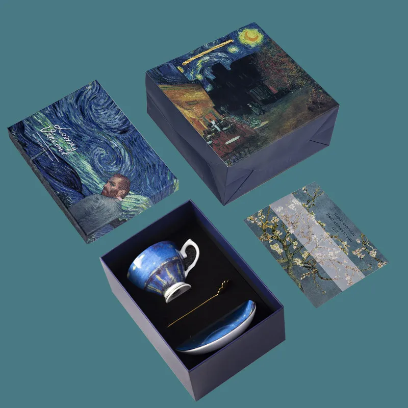 Van Gogh Starry Night Bone China Coffee Cup Sets Mug with Gift Box Handbag