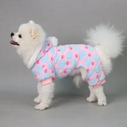 Plush Dog Pajamas for Small Dogs Girl Winter Warm Puppy Heart Pjs Fleece Clothes Sweater Outfit Dog with Fuzzy Pompom Pet Onesie