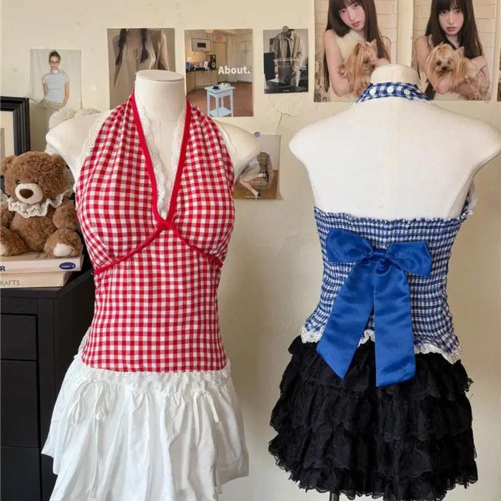 

Stripe Grid Bowknot Sleeveless Crop Top V Neck Detachable Bowknot Lace Vest Top Girl Korean Style Bottoming Shirt