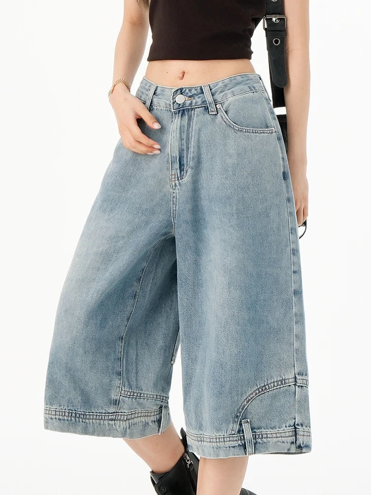 High Fashion Upside-down Calf-Length Jeans Women High Waist Wide Leg Trendy Capri Pants Female Y2K Pocket Blue Denim Shorts 2025