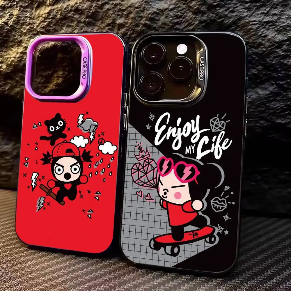 

Cute Cartoon Pucca Garu Phone Case For iPhone17,16,15,14,13,12,11 Plus,Pro Max Colored Silver Plated Inside Cover