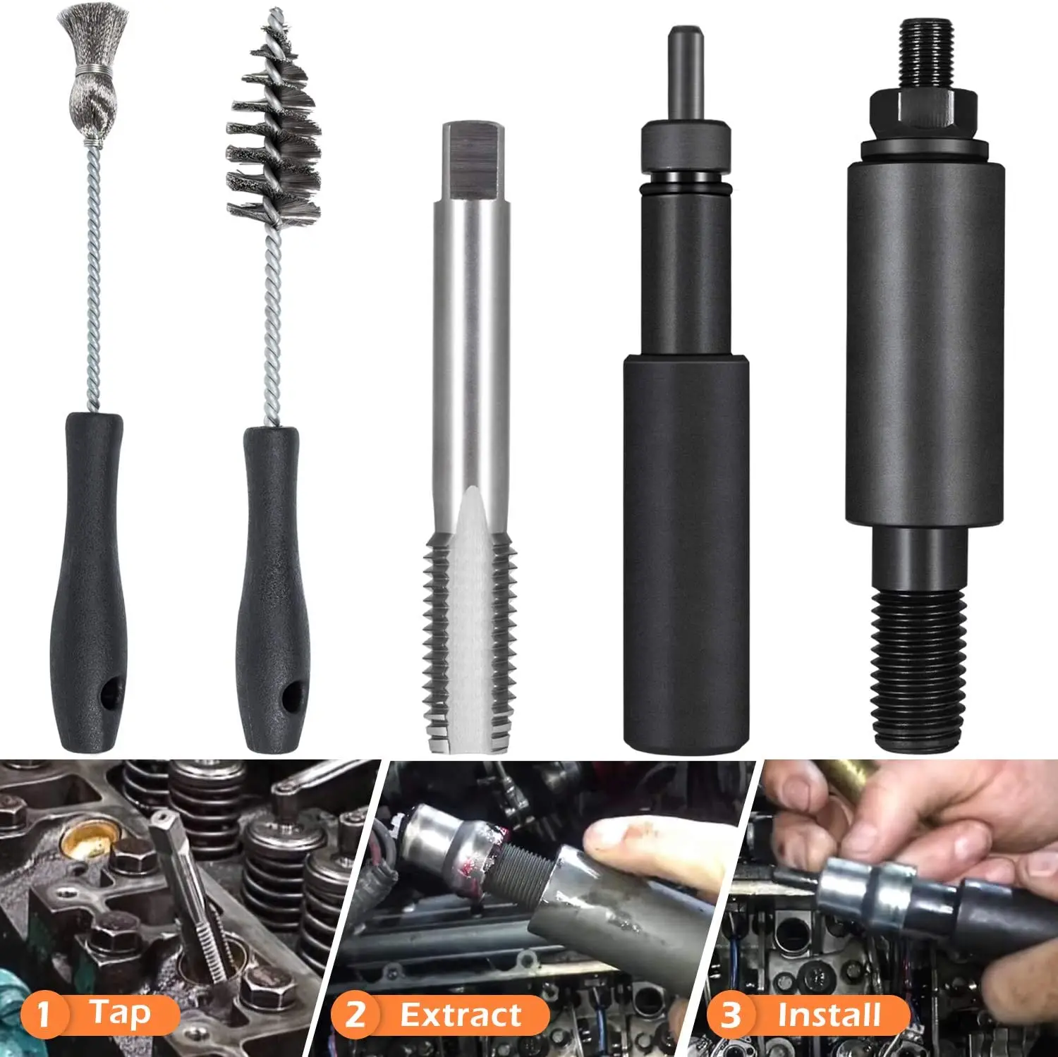 5PCS Ford 6.0L 6.4L Engines 2003~2010 Injector Sleeve Cup holder hole Seat Bore Clean Brush Remove Install Disassembly Tool Kits