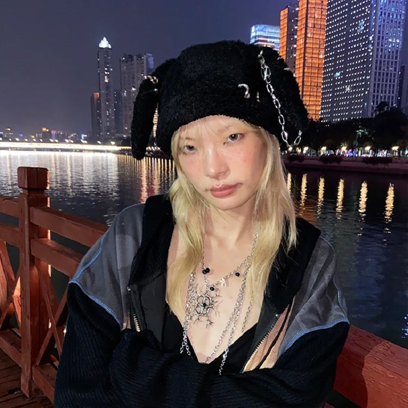 Harajuku Y2k Japanese Long Rabbit Ear Hat Gothic Punk Metal Chain Black Beanie Hats Women Cute Warm Streetwear Bunny Cap