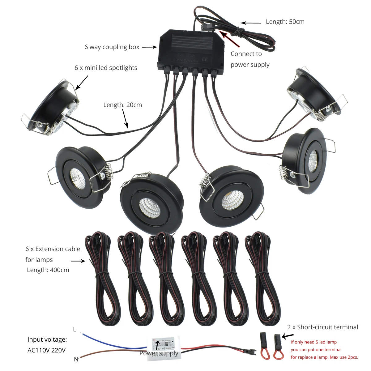 Mini Spot it 6 stks 3 w Downlight Koppeling Set voor Carport Terras Pergola Veranda Licht LED Onder Kast licht IP44