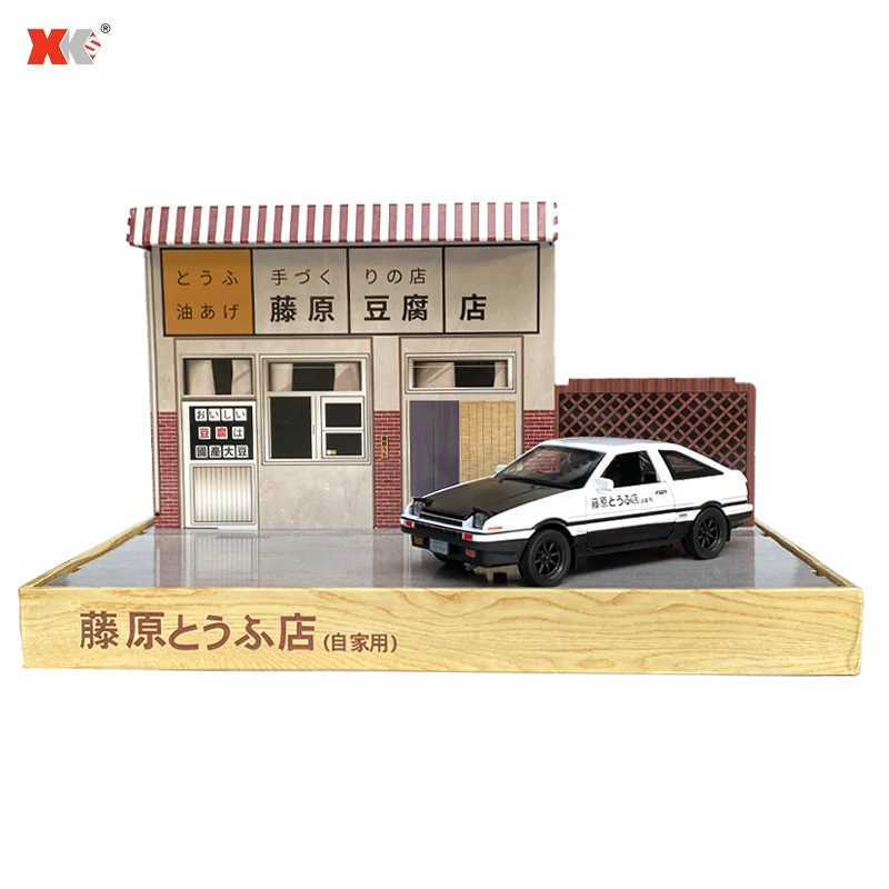 Initial D Toyota AE86 Alloy Car Model 1/32 Initial D Fujiwara Tofu Shop Scene Model with Pull Back Metal Toy Car Gifts for Boys