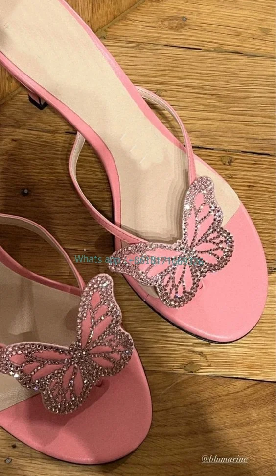 New Pink Butterfly Flipflop Slides Women Beach High Heel Thin Belt Open Toe Sandals Evening Lady Roman Dress Shoes