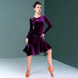 Performance Dance Wear Line Dance Clothing Sexy V-neck Sequins Fish Bone Purple Long Dresses for Women Costume Latin Suit Dress