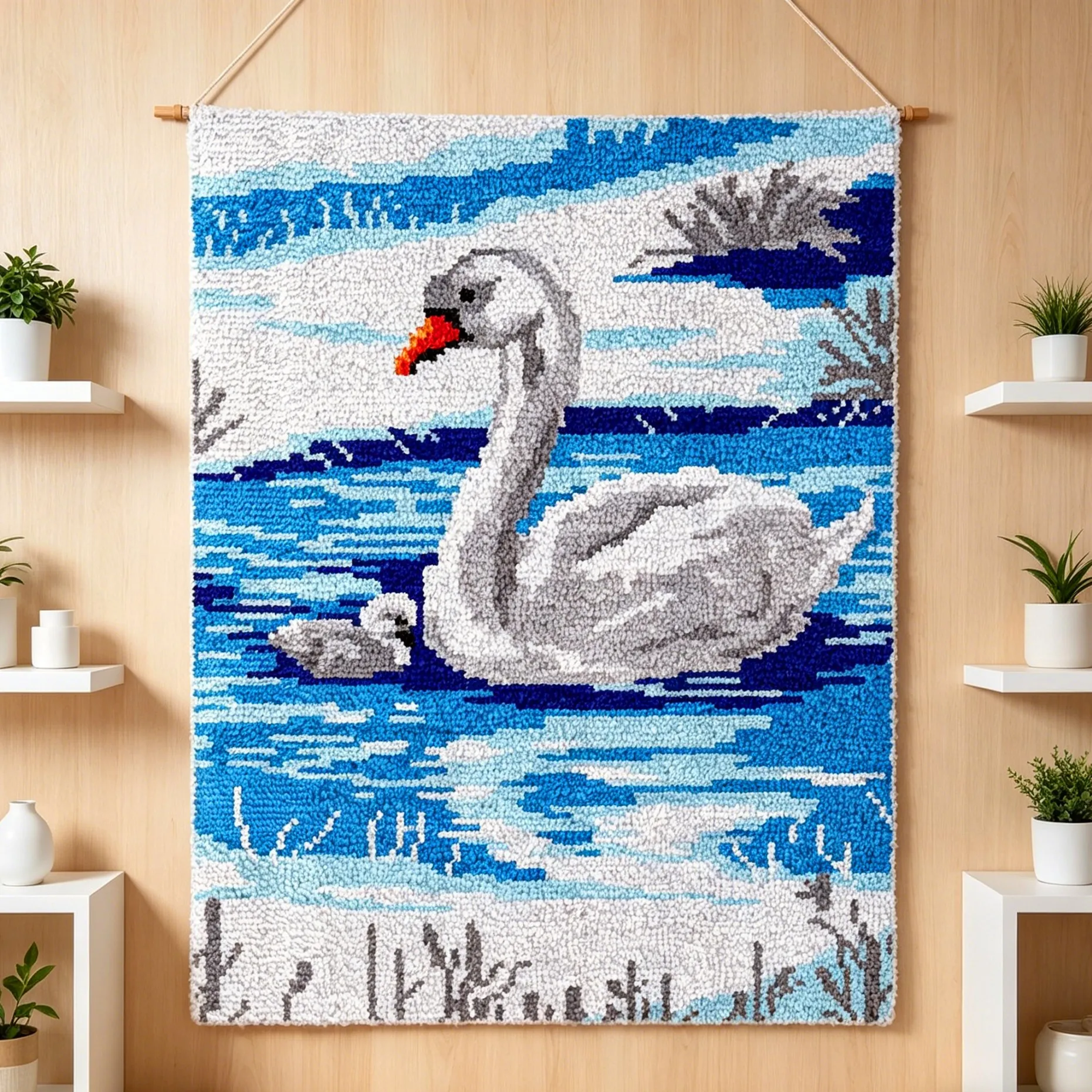 

Large DIY latch hook rug with Pre-printed Hobby Carpet embroidery plastic canva for adult swan Home decoration bag making kits