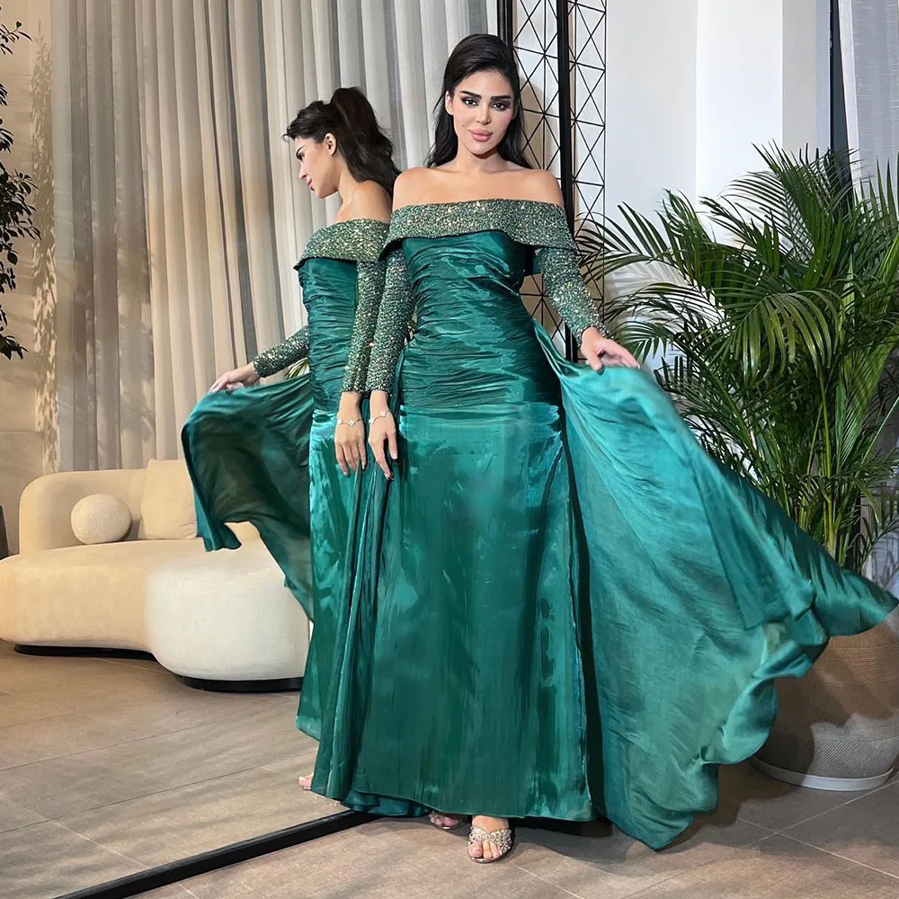 Customized A-line Off Shoulder Long Sleeve Prom Gown Satin Patchwork Backless Temperament Maxi Dress Evening Dresses فساتين الحف