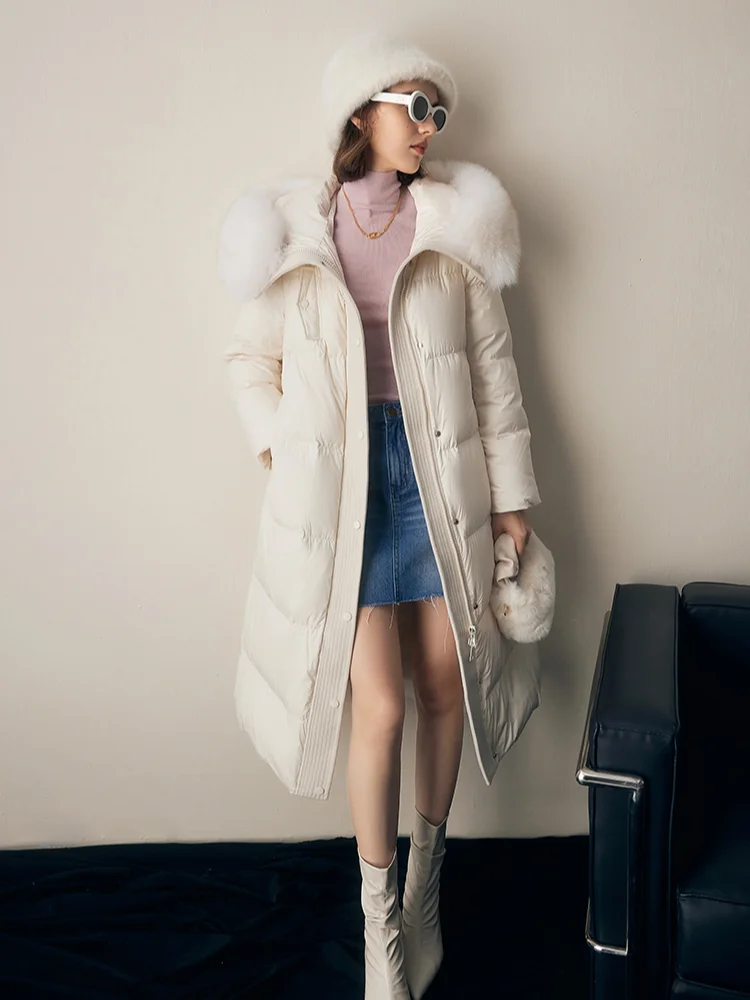 Long Down Jackets for Female, White Duck Down Coats with Belt, Luxury Fox Fur Collars, Hooded Outerwear, High Quality, Winter