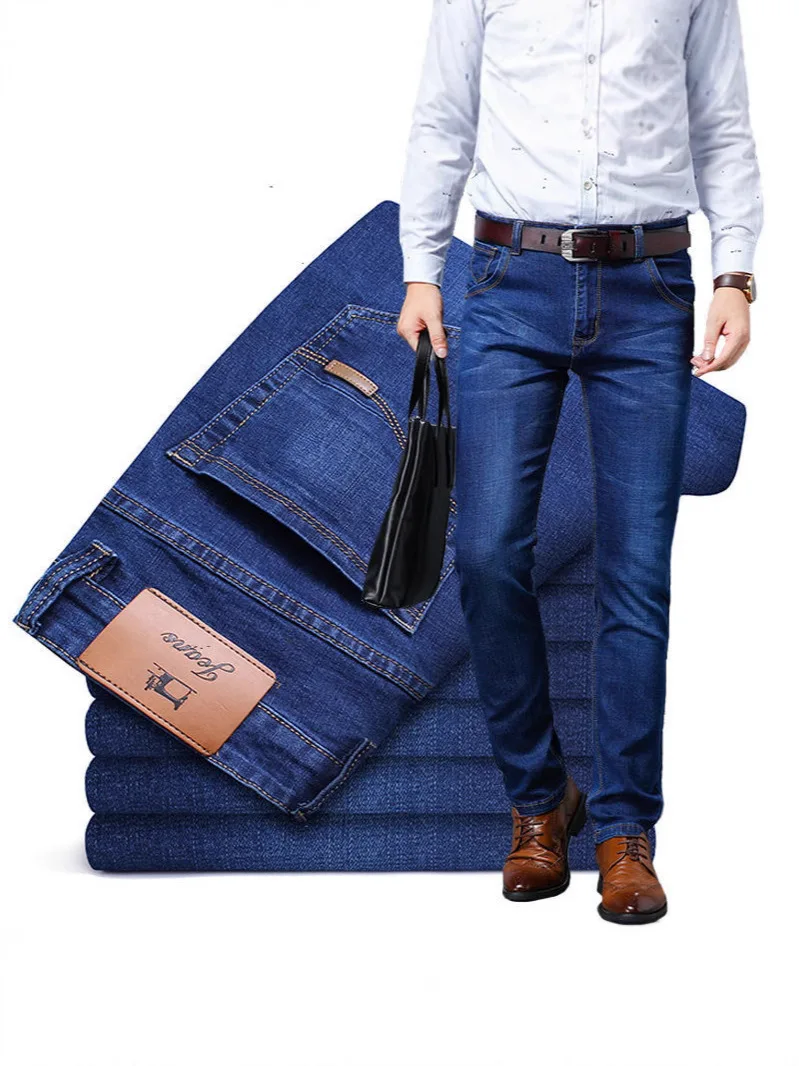 جينز صيفي رقيق غير رسمي فضفاض للرجال ذو ساق مستقيمة مقاس كبير سروال عمل مريح من القطن الدنيم للرجال موضة الشباب #2