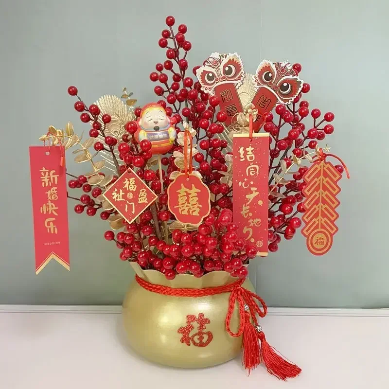 

Holly Red Fortune Fruit Fake Flower Futong Metal Vase Set Wedding Housewarming Ornaments Home Livingroom Furnishing Decoration