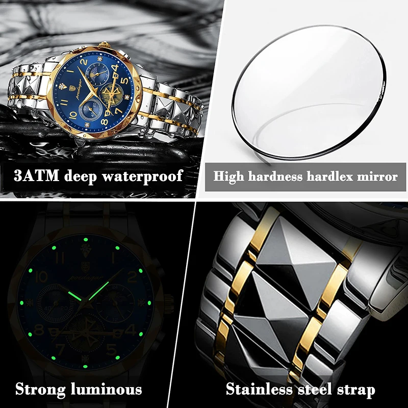 New Super Luxury Gold Watch Men Sport Brand Creative Stop-Watch Waterproof Male Clock Quartz Moon Phase Luminous Man Watch Reloj