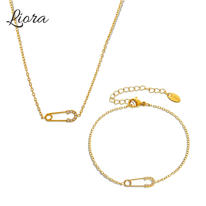 

Liora изысканная булавка сердце ожерелье браслеты для женщин циркон цепочка из нержавеющей стали наборы ювелирных изделий PVD позолоченные женские ювелирные изделия