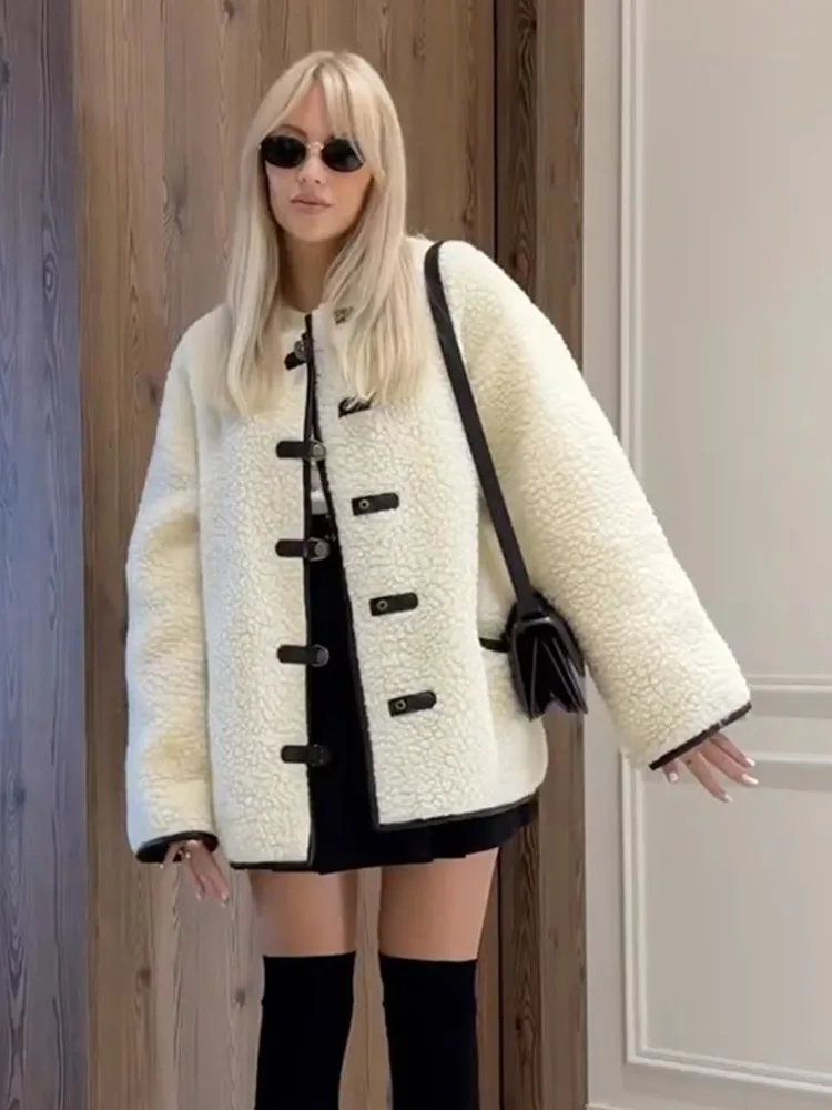 

Women Casual Contrasting Lamb Woolen Coat Loose Round Neck Long Sleeve Single Breasted Pocket Jacket Winter High Street Jackets
