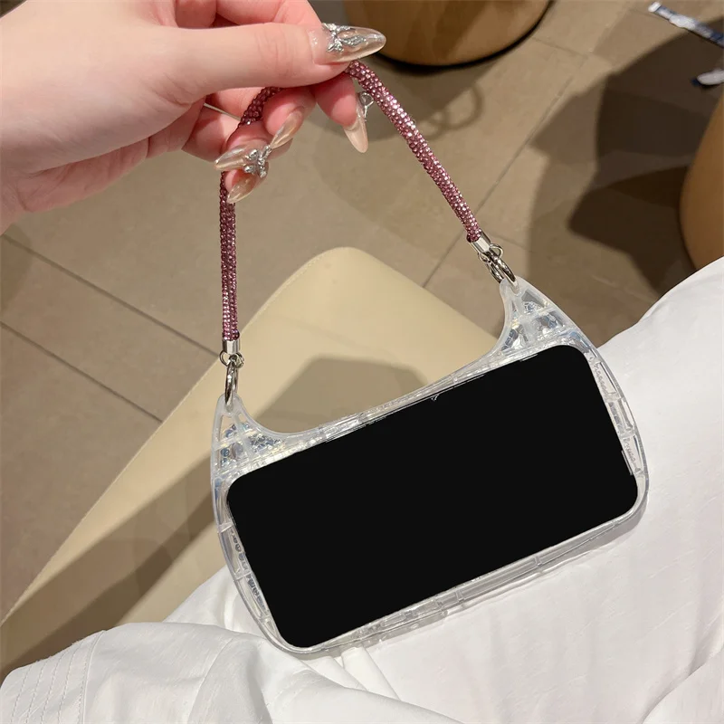 Luxury Bling Rhinestone Hand Bag For iPhone 16 Pro 15 14 13 Pro Max 12 Phone Case Silicone Cute Cases For Apple 15Pro max Funda
