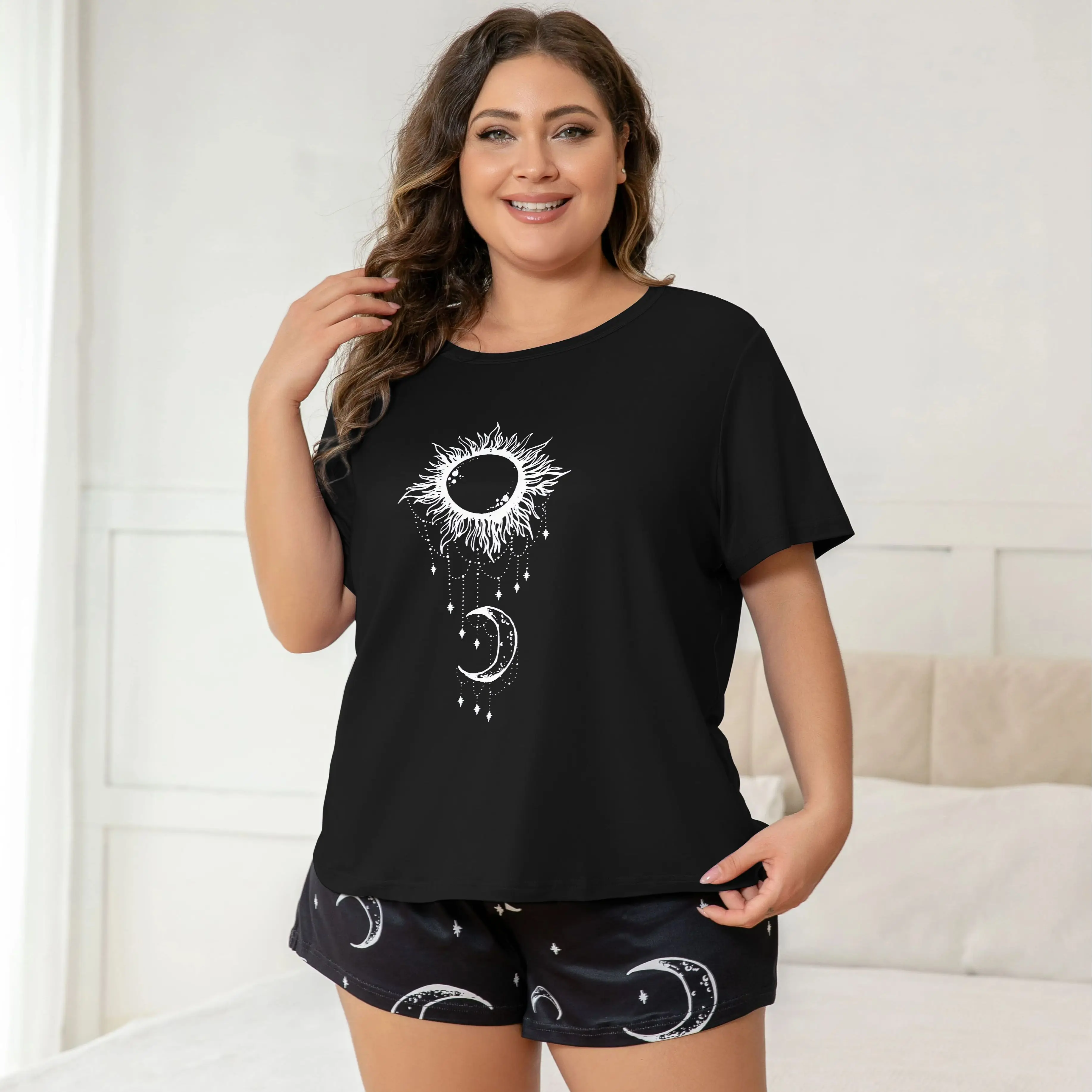 Conjunto de pijama estampado estrela e lua feminino, top e shorts confortáveis de manga curta, tamanho grande ou para casa