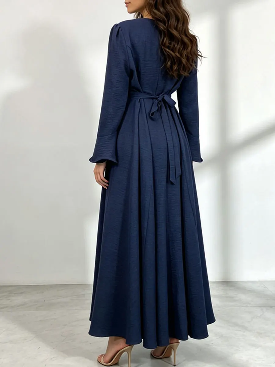 Women Modest Abaya Round Neck Button Front Waist Tie Maxi Dress Flare Long Sleeve A‑Line Muslim Robe Ramadan Eid Cothes