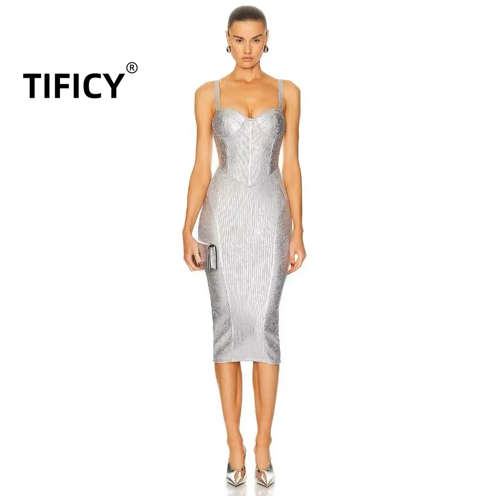 

Heavy Industry Women's Silver Plated Strap V-neck Dress Light Luxury Evening Banquet Slimming Bandage Slim Mid Bodycon Dress