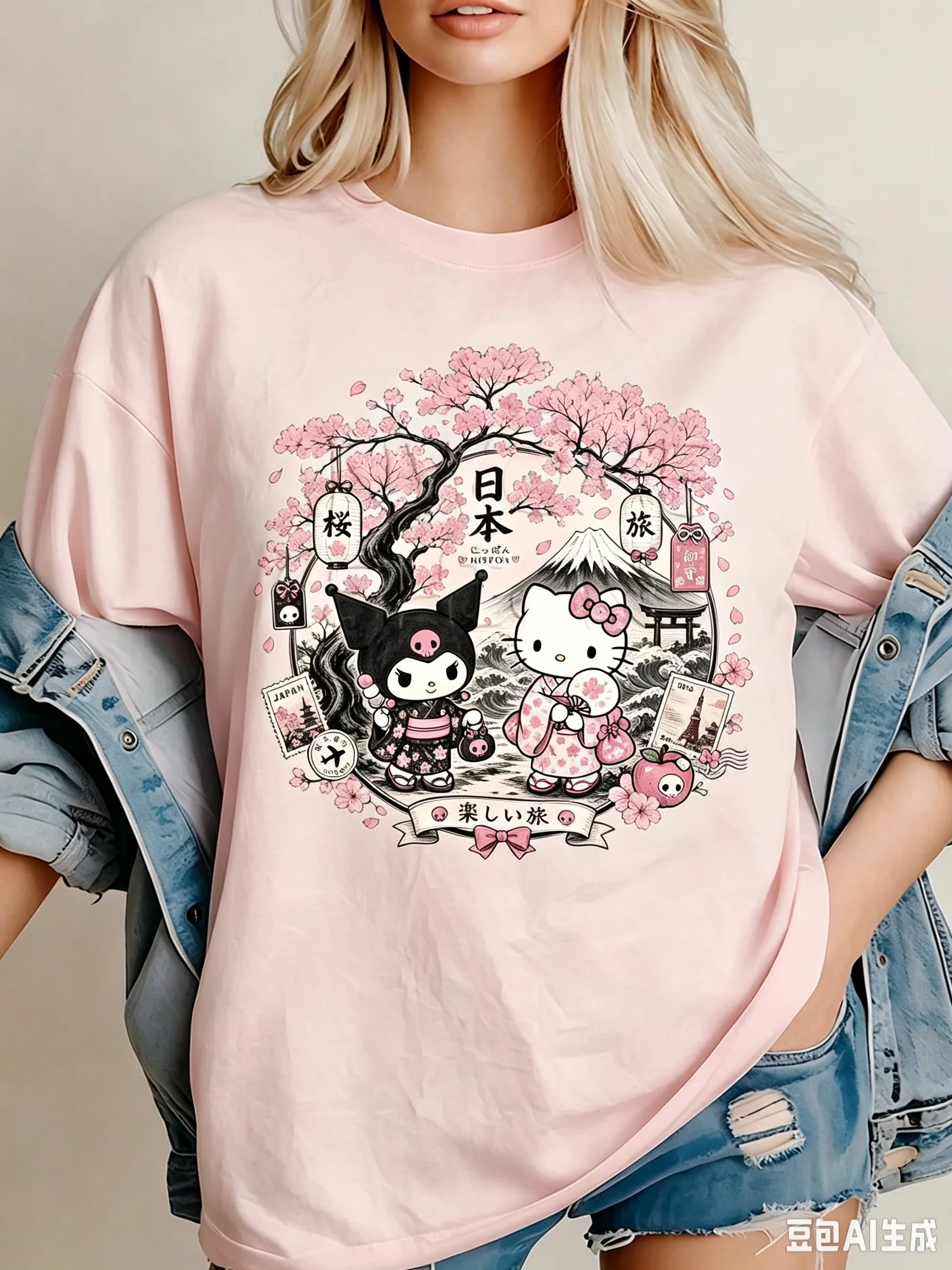 2026Sanrio Hello Kitty Women's T-shirt Japanese Sakura Kimono Kitty Kuromi Pattern Short Sleeve T-shirt Retro Travel