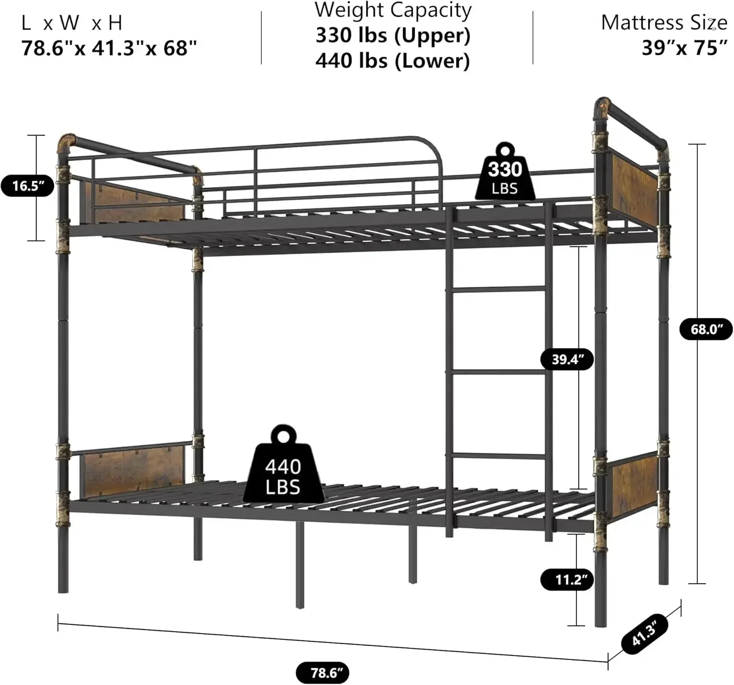 2 IN 1 Metal Bunk Bed Twin Over Twin, Convertible Twin Bunk Beds into 2 Individual Twin Size Bed , 16.5