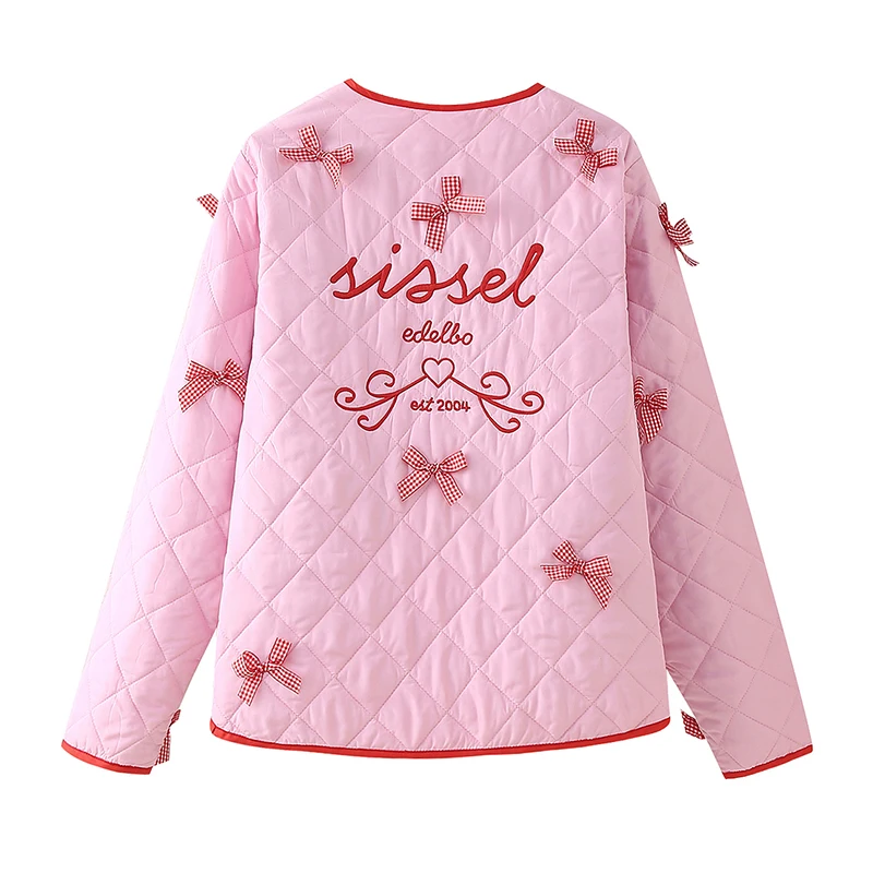 Arco guarnição rendas acolchoado jaqueta simples rosa algodão-acolchoado roupas de inverno feminino quente grosso casaco moda feminina topos streetwear