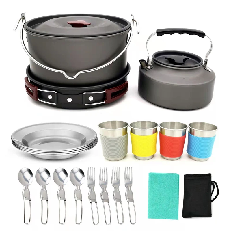 Imagem -02 - Camping Cooking Kit para Pessoas Outdoor Camping Panelas de Sopa Panelas Bules Branco Kit de Cozinha para Caminhadas Piquenique 22 Pcs