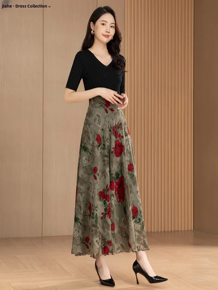 

Юбка трапециевидной формы с высокой талией, новая летняя китайская шифоновая танцевальная юбка с принтом, длинная женская дышащая юбка с широким подолом