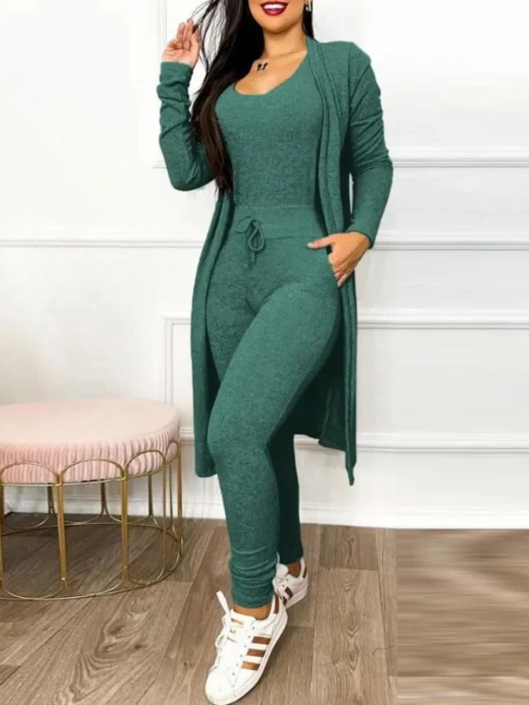 

Nice Two Piece Set Women Outfits Spring Autumn Drawstring Pocket Design U-Neck Sleeveless Skinny Jumpsuit & Long Sleeve Coat Set