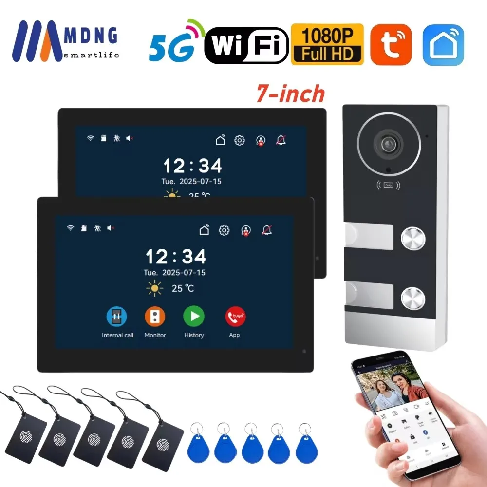 7 Inch Multifamily Wifi Video Intercom System Video Doorphone 1080P Touch Monitors Wireless Doorbell for 2,3,4 Homes Apartments