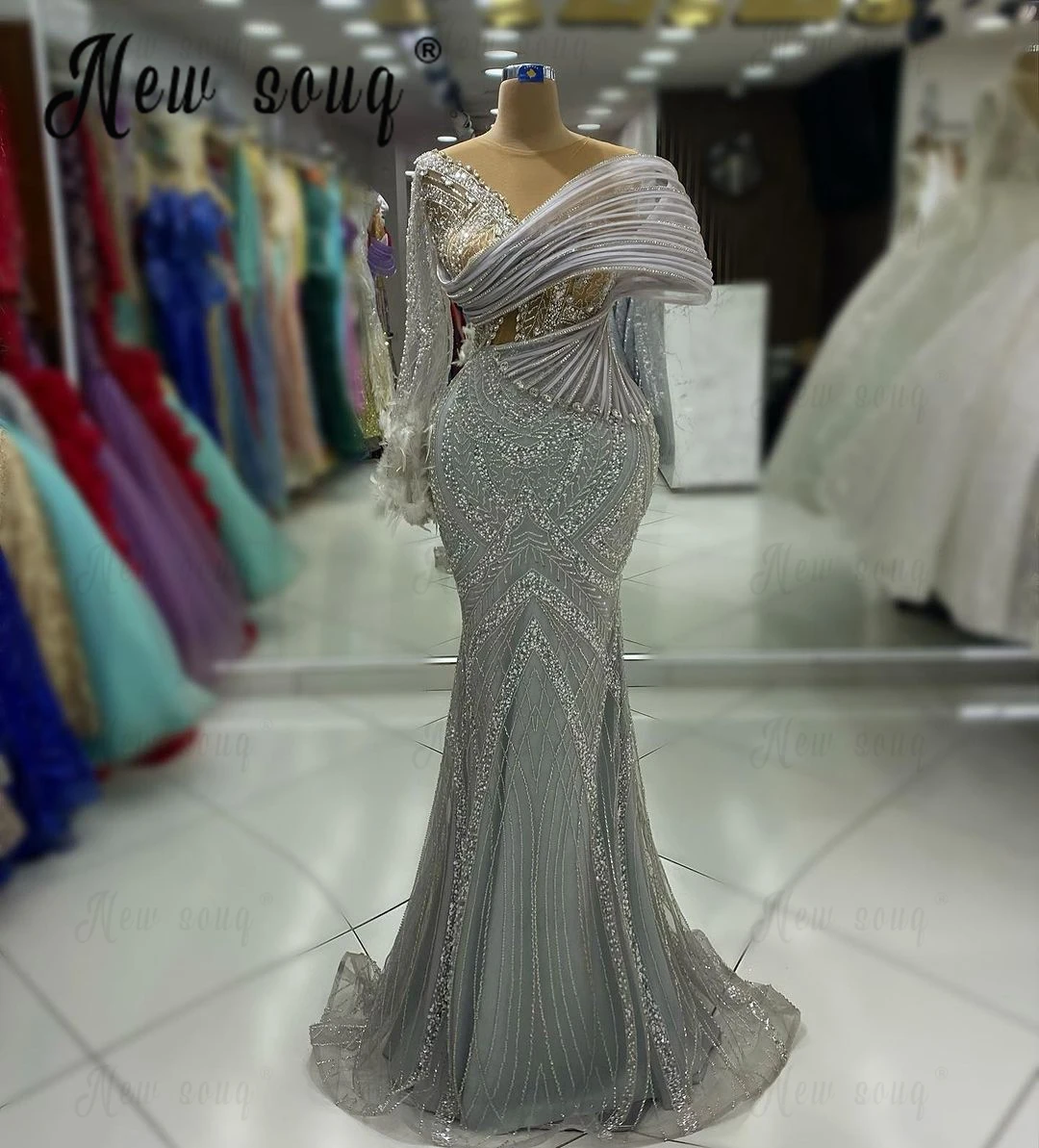 Silver Long Sleeve Evening Dresses Arabic Robes Bal De Promo Luxury Beading Formal Party Dresses For Wedding  فستان حفلات الزفاف