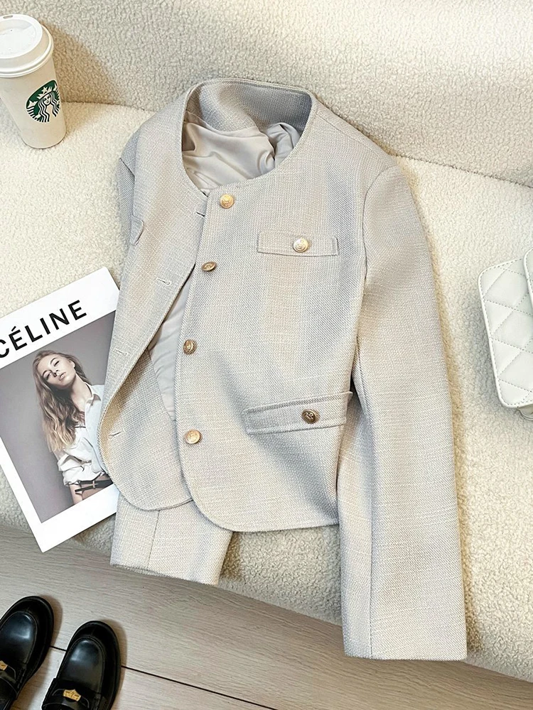 

Elegant Office Lady Blazers Women Long Sleeve Button Spring Autumn Suit Coats Vintage Loose Casual Small Fragrance Crop Jacket