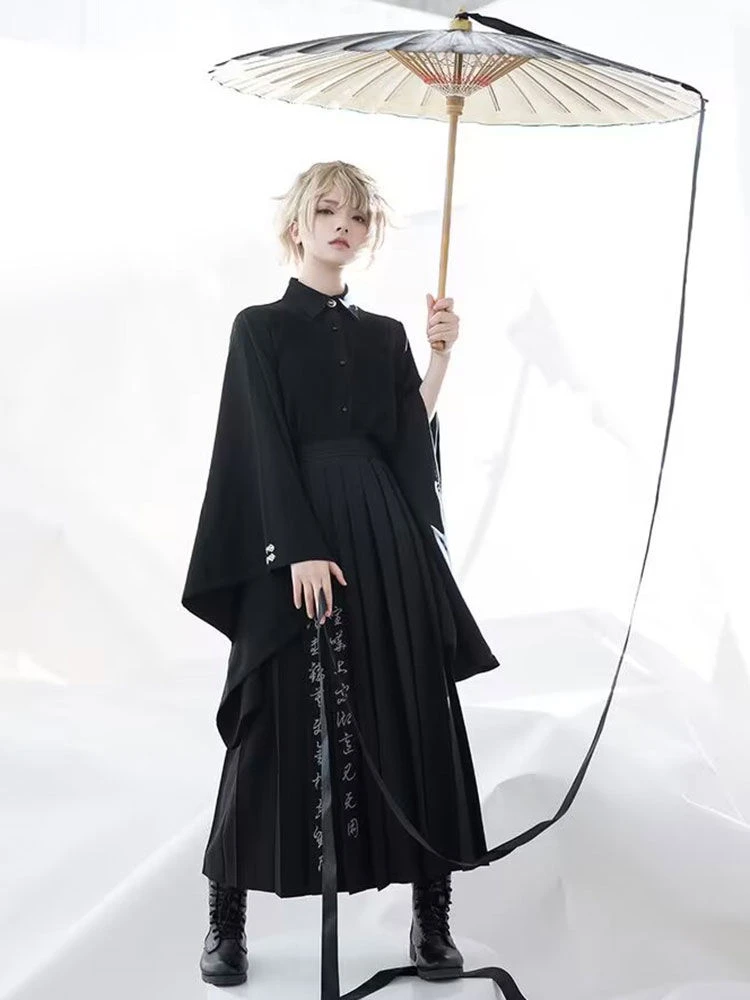 Harajuku masculino e feminino blusas pretas 2025 primavera y2k estética camisas vintage streetwear casual feminino plissado manga blusa topos