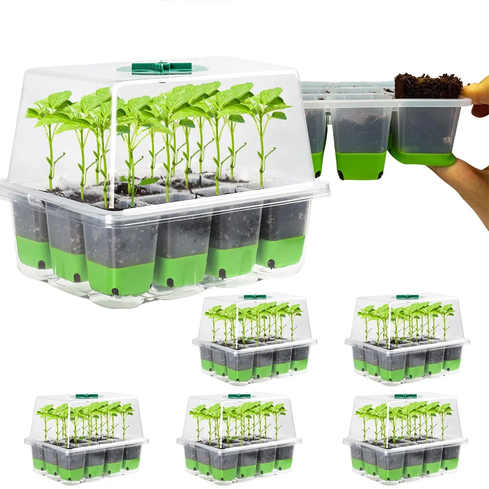 Bandeja de germinación de 12 celdas con tapa transparente, caja de germinación con humedad ajustable, para cultivo en invernadero o jardín interior