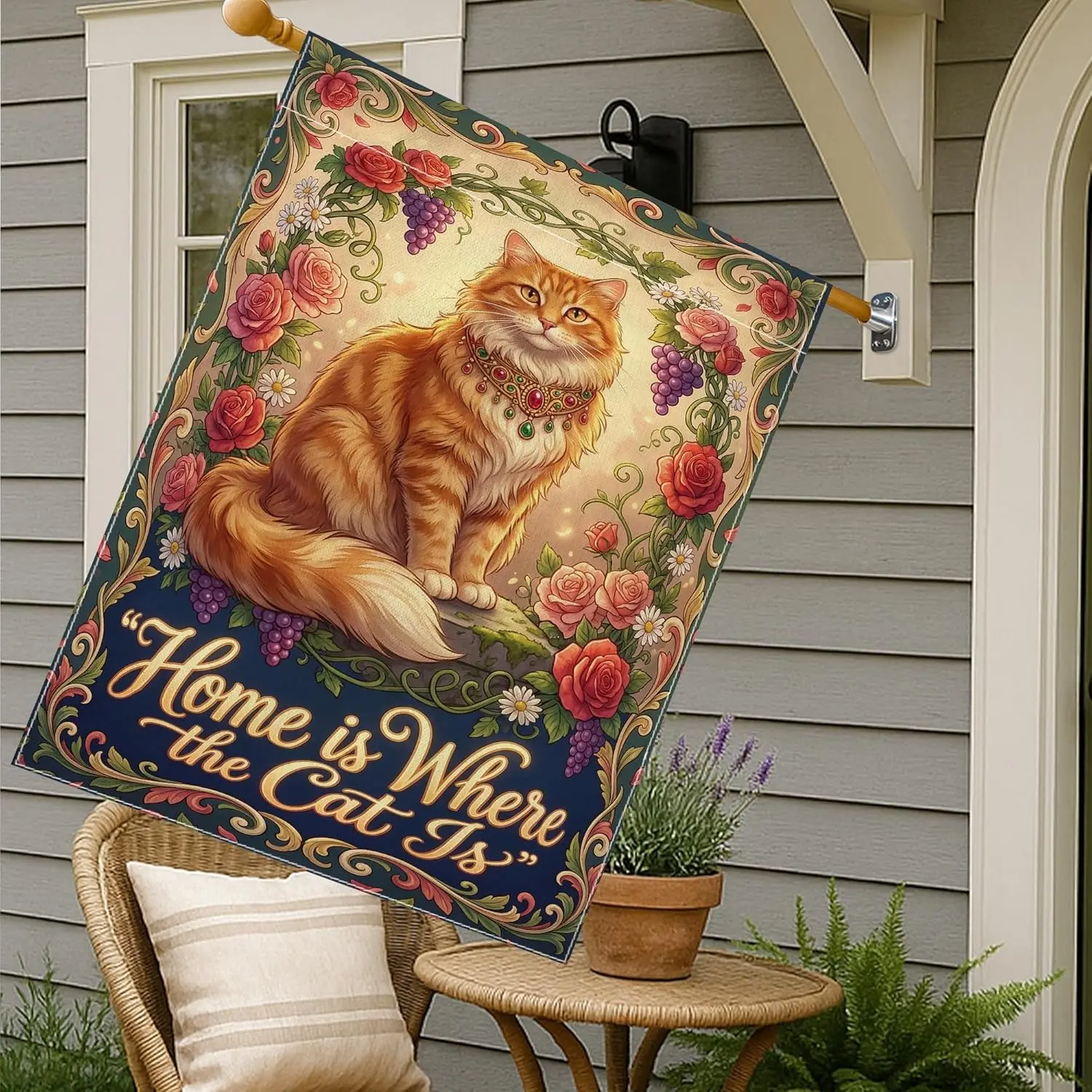Cat House Flag, Vintage Fanciful Roses Grapes Home Orange Burlap Double Sided Outside Large Garden Flag for Outdoor Patio Ya AAS