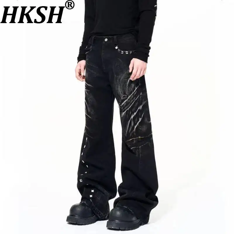 

HKSH Spring New Men Tide Punk Washed Distressed Cat-ear Jeans Autumn Winter Rivet Design Wide-Leg Denim Pants Trendy Ins HK22890