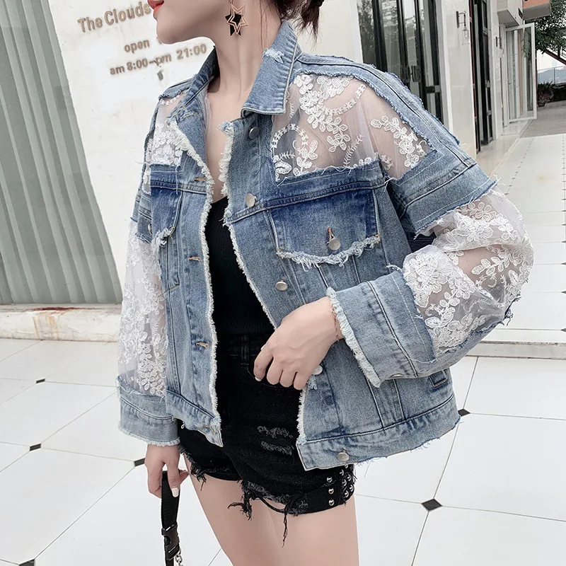 

Spring Summer Embroidery Flower Denim Jacket Women Casual Long Sleeve Denim Coat Lace Patchwork Jeans Coats Women Beading Jacket